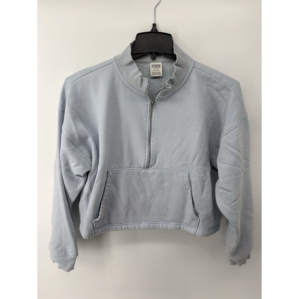 Pink Women’s Cropped Long Sleeve 1/2 Zip Pullover Light Blue Size Large Pocket